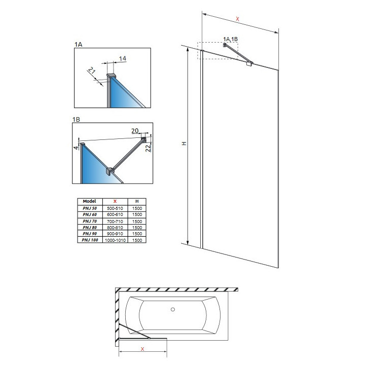 Vanová zástěna Radaway Modo New Black PNJ 70 cm, sklo čiré, wys. 150 cm