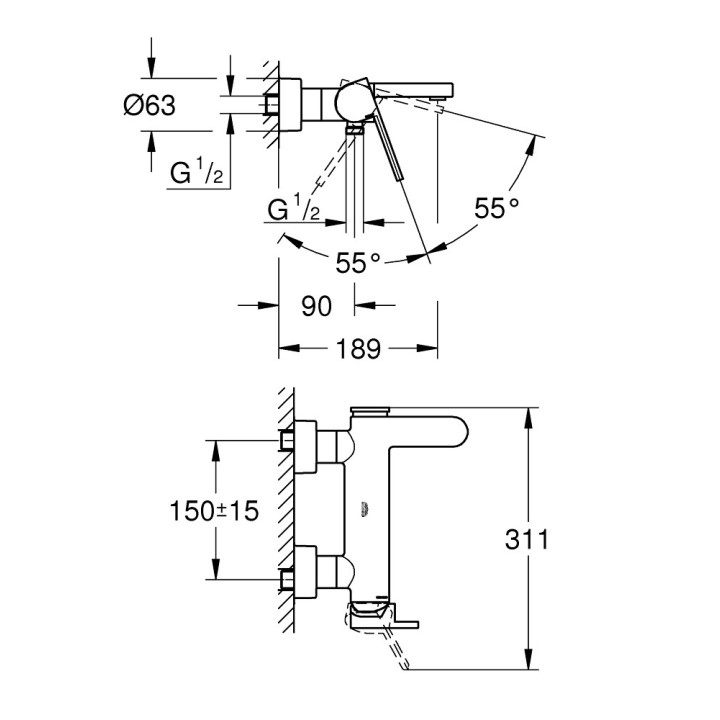 Sprchová baterie Grohe Plus, stěnová, páková, chrom