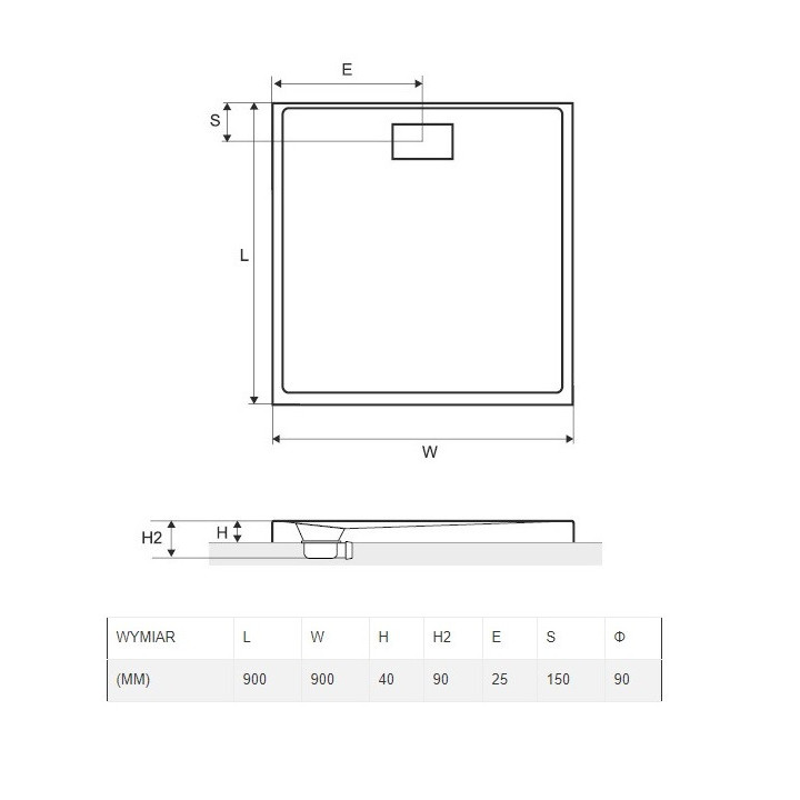 Čtvercová sprchová vanička Excellent Zero 90x90 cm, akrylátový, nízká s klopou, bílý 