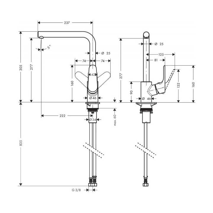 Dřezová baterie Hansgrohe Focus 280, páková, obracana výtokové rameno, černá matnáný