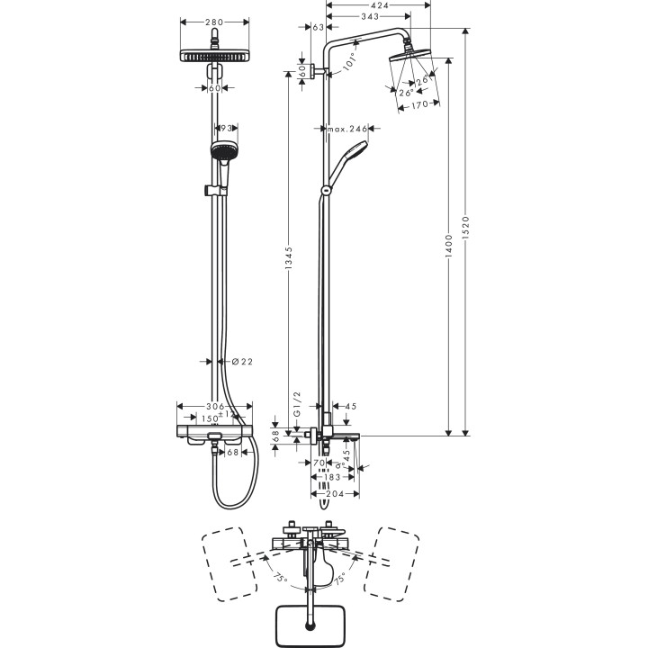 Sprchový sada Showerpipe Croma E 280 1jet, baterie termostatická, chrom