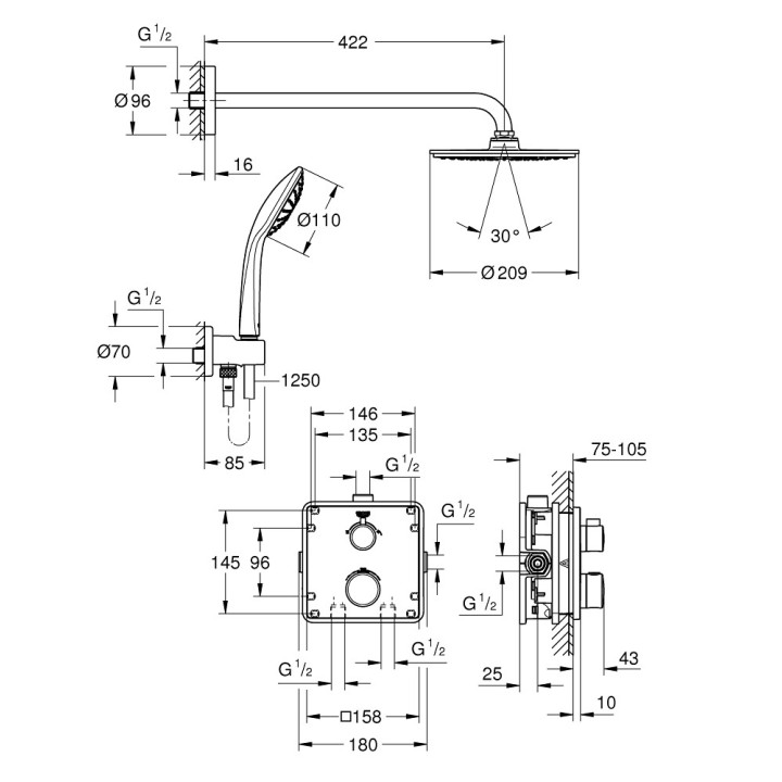 Sprchový set Grohe Tempesta 210, podomítkový, baterie termostatická, chrom
