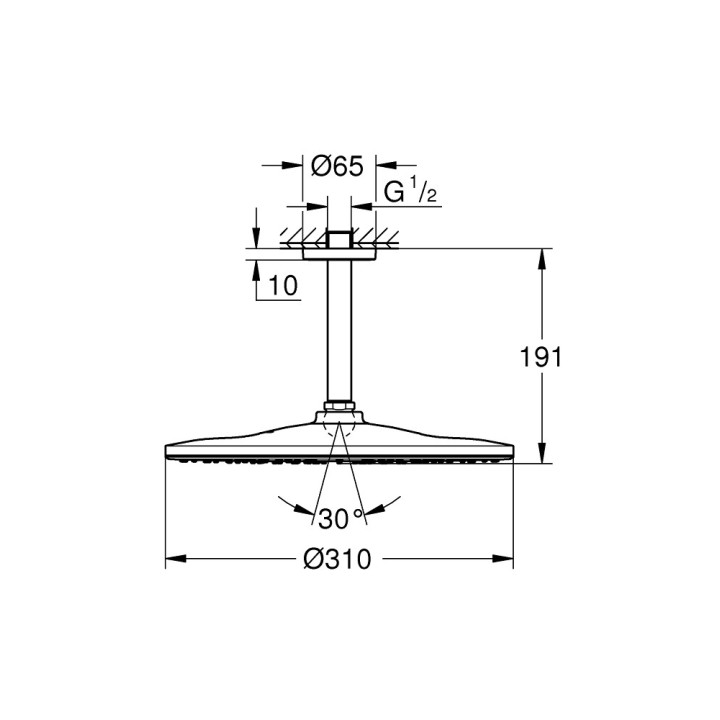 Horní sprcha Grohe Rainshower 310 Mono, rameno nástěnné 422mm, omedzovač prietoku, chrom