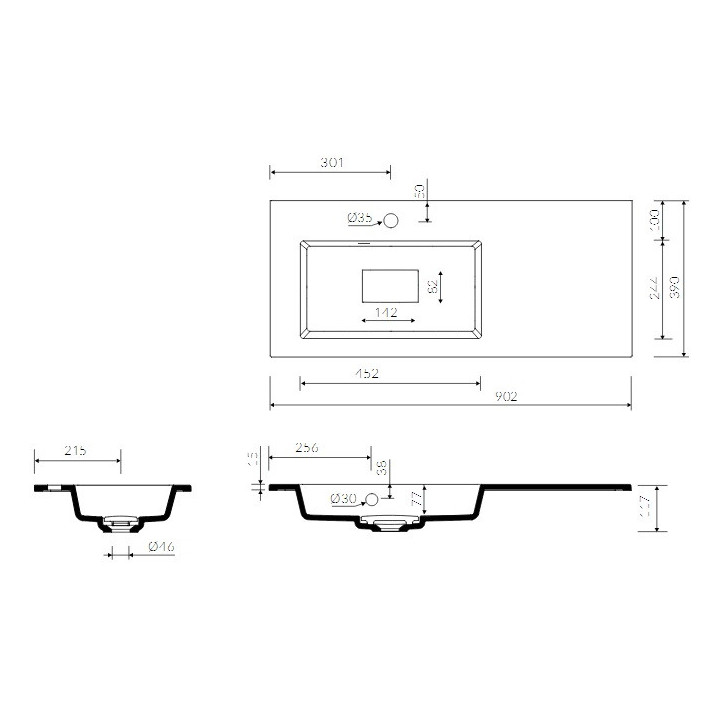 Umyvadlo Marmorin Lira 900P 90x39 cm, zápustné na desku pravá