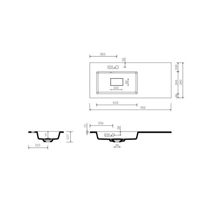 Umyvadlo Marmorin Lira 900L 90x39 cm, zápustné na desku levá