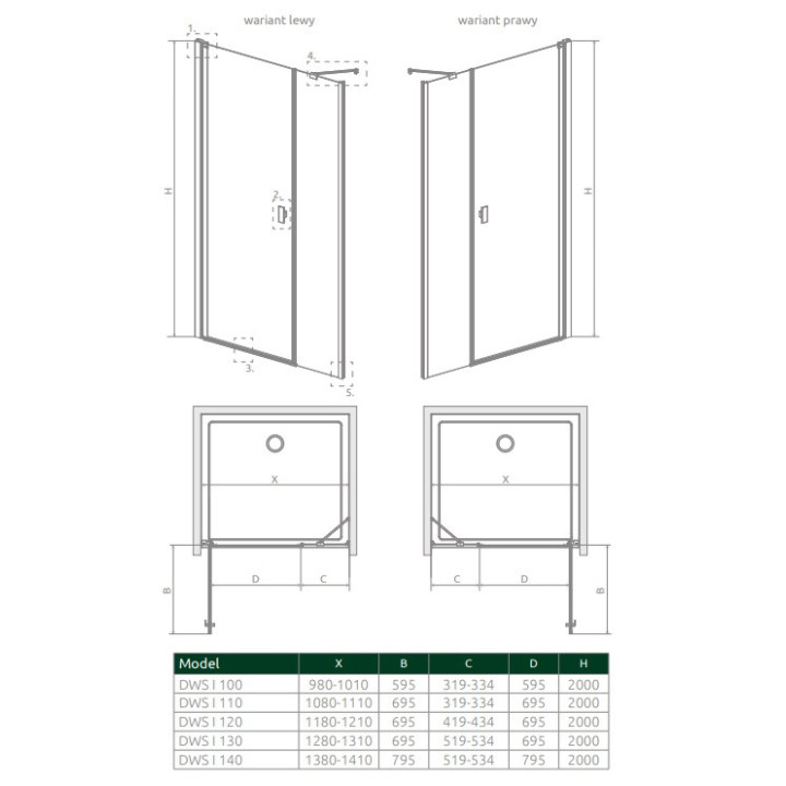 Přední plocha pro sprchový kout Radaway Nes 8 Black KDS I 140,  dveře levé, sklo čiré, 1400x2000mm, černá profil