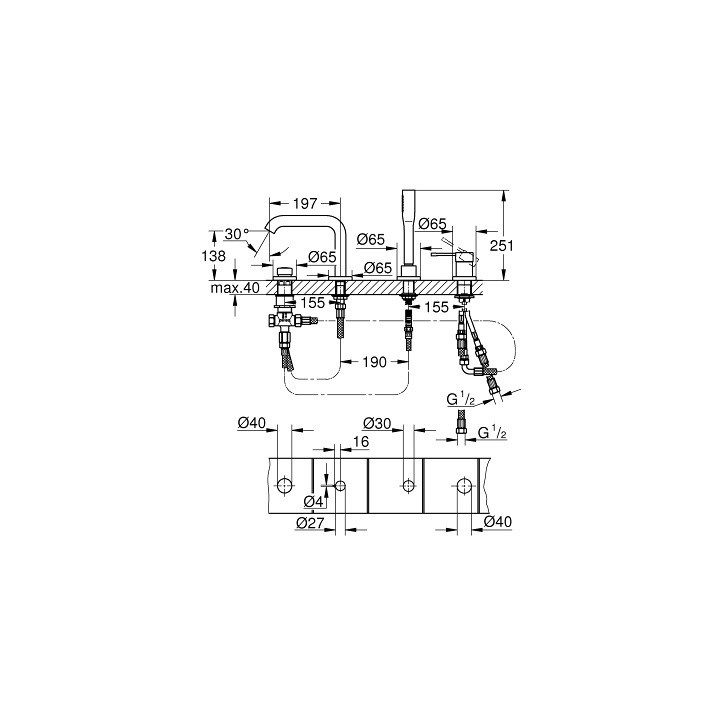 Vaňová baterie Grohe Essence, 4otvorová, wys. 251 mm - brushed hard graphite