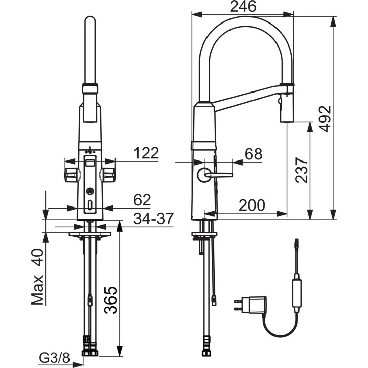Dřezová baterie Oras Optima, funkce bezkontaktní, wyświetlacz temperatury, inteligentny ventil do zmywarki, výška 294mm, 230/5 V