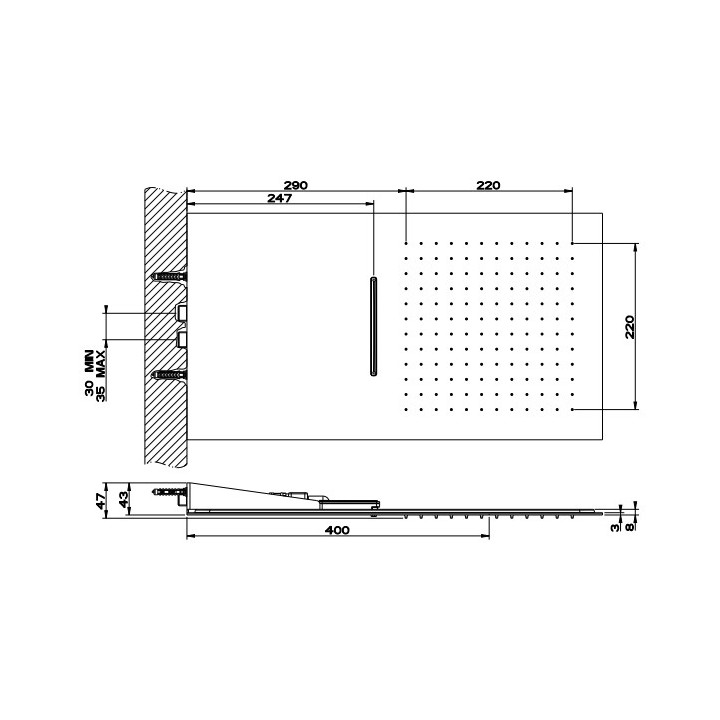 Horní sprcha Gessi Quadro 300, montáž do stěny, 3mm grubości, mirror steel