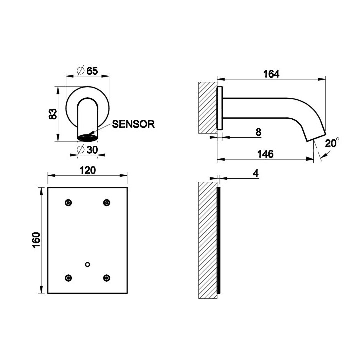 Elektronické umyvadlová baterie Gessi Flessa, stěnová, výtokové rameno 146mm, broušená ocel