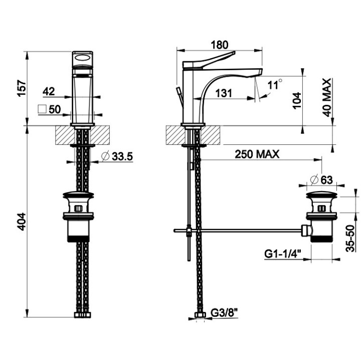 Umyvadlová baterie Gessi Rilievo, stojící, výška 153mm, zátka automatický, chrom