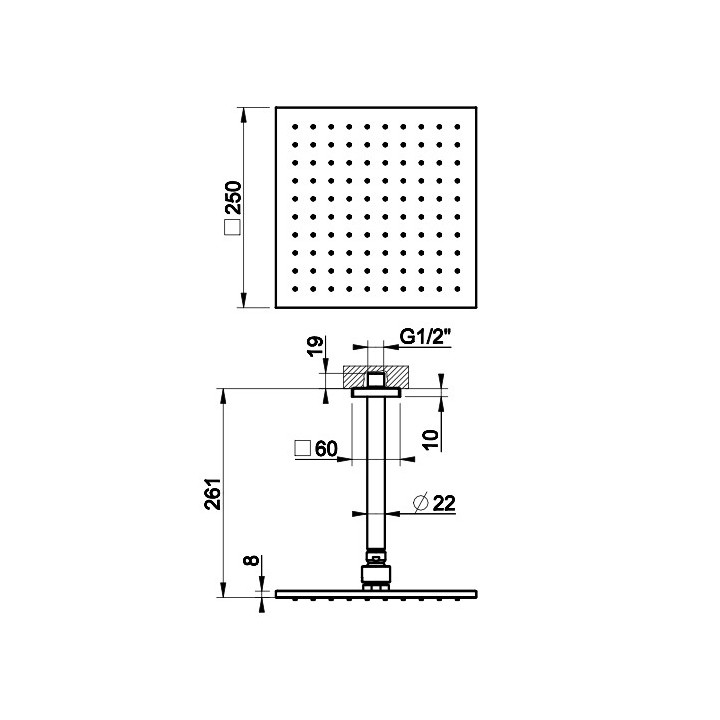 Horní sprcha Gessi Rilievo, čtvercová, 250x250mm, rameno nástěnné 389mm, chrom