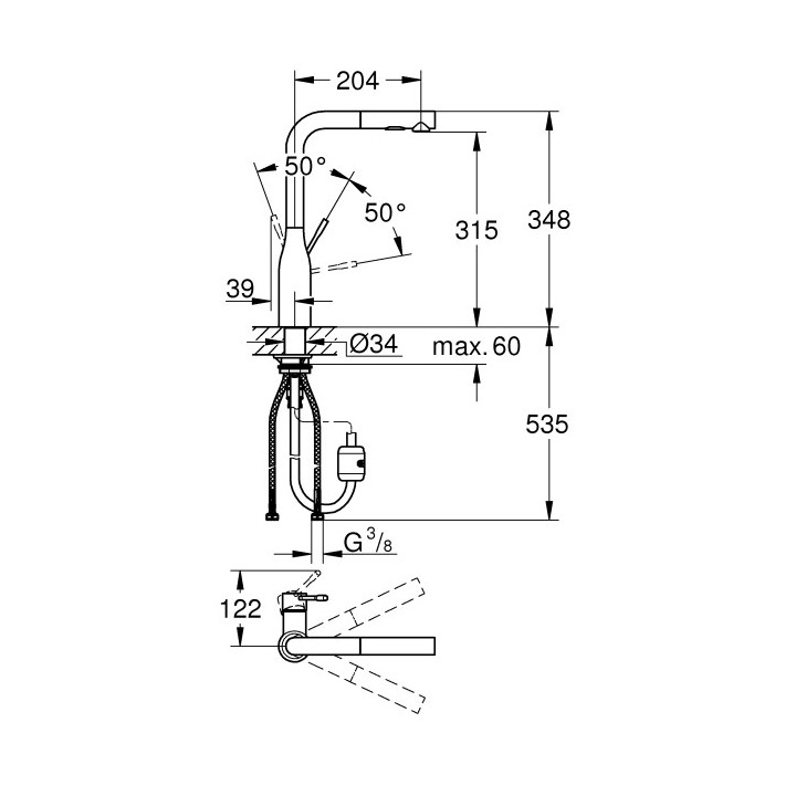 Dřezová baterie GROHE Essence 1/2" stojící, wys. 348 mm, supersteel, páková
