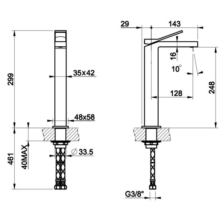 Umyvadlová baterie Gessi Rettangolo K, stojící, výška 299mm, výtokové rameno 128mm, zátka automatický, chrom