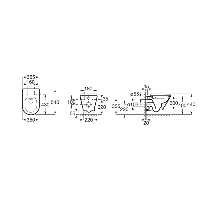 Mísa podvěsná WC Roca Debba Rimless Square, 54x35,5cm, bez kołnierza, se sedadlem s pozvolným sklápěním Supralit, bílá