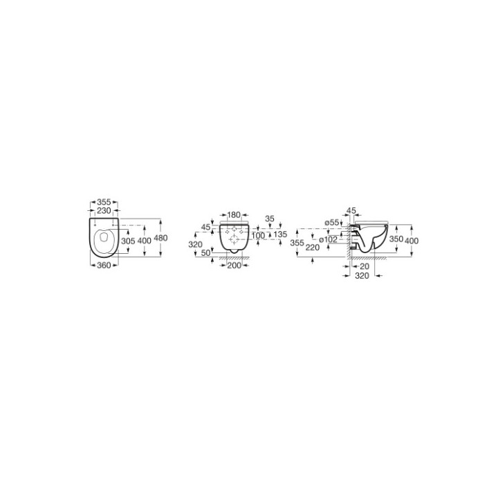 Mísa podvěsná WC Roca Meridian Rimless Compacto, 48x36cm, bez kołnierza, bílá