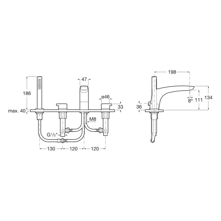 Baterie vanová-sprchová 4otvorová Roca Insignia, výtokové rameno 223mm, se sprchovým systémem, chrom
