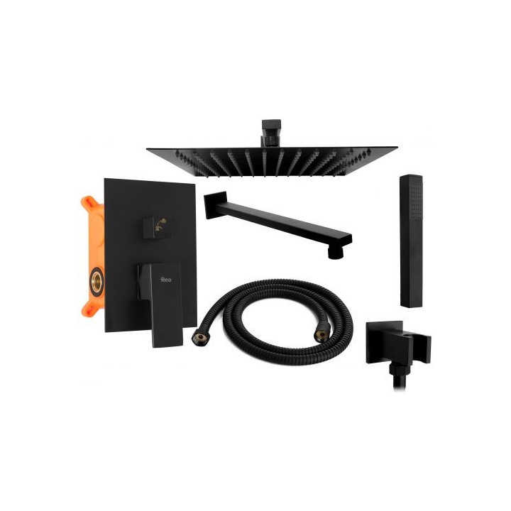 Sprchový set Rea Fenix, podomítkový, 2 výstupy vody, čtvercová horní sprcha 25cm, černá matnáný