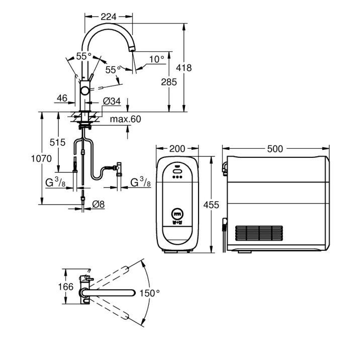 Souprava Grohe Blue Professional, jednostka chłodząca s baterií ve tvaru C, do vody gazowanej, obracana výtokové rameno, chrom 