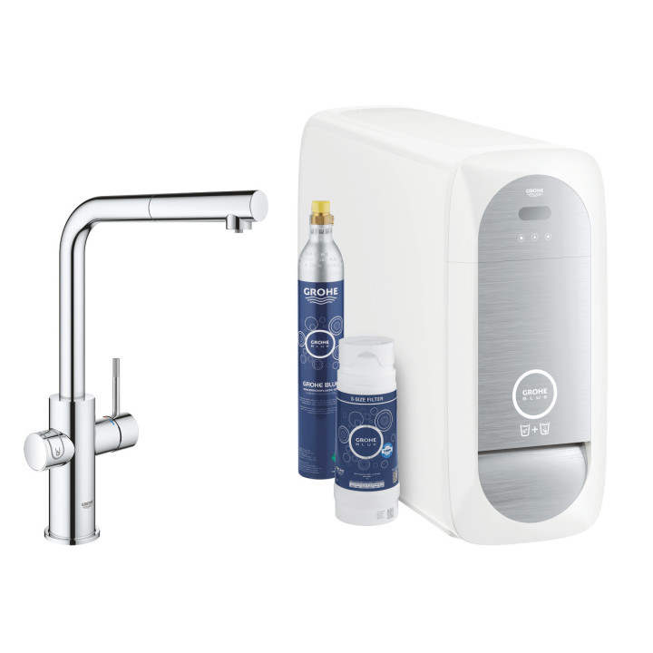 Souprava startowy Grohe Blue Home, jednostka chłodząca s baterií ve tvaru L, do vody gazowanej, obracana výtokové rameno, chrom 