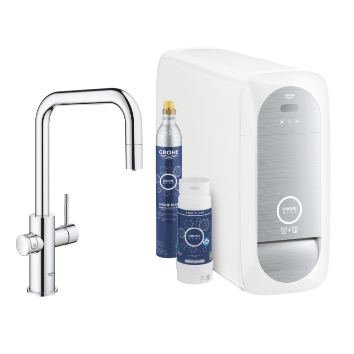 Souprava startowy Grohe Blue Home, jednostka chłodząca s baterií ve tvaru U, do vody gazowanej, obracana výtokové rameno, chrom 