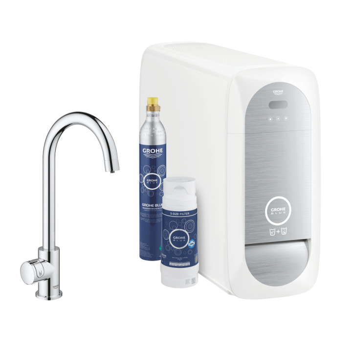 Souprava startowy Grohe Blue Home, jednostka chłodząca s baterií ve tvaru C, do vody gazowanej, obracana výtokové rameno, chrom 