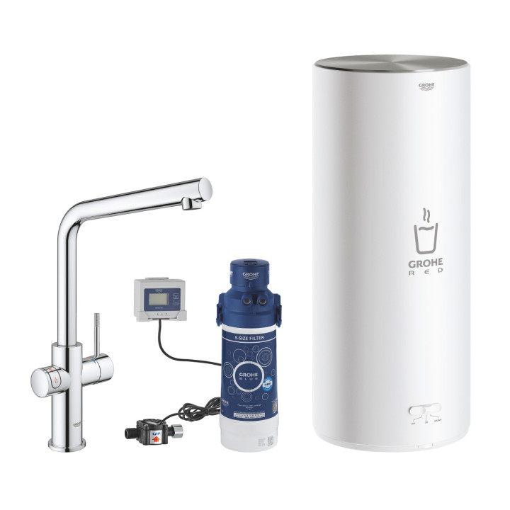 Souprava Grohe Red Duo s baterií kuchenną ve tvaru C a bojlerem w rozmiarze L, obracana výtokové rameno, chrom