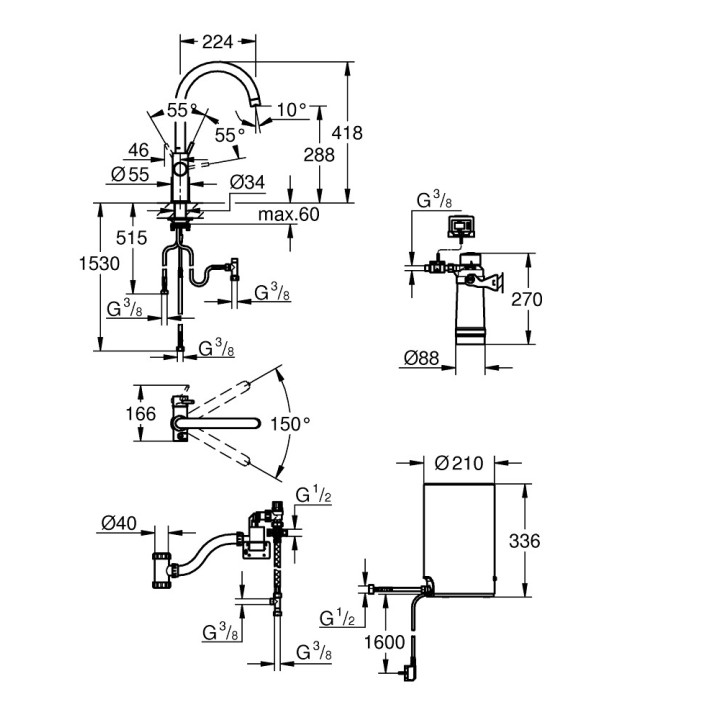 Souprava Grohe Red Duo s baterií kuchenną ve tvaru C a bojlerem w rozmiarze L, obracana výtokové rameno, chrom