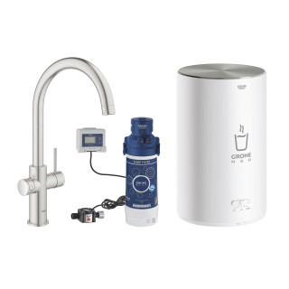 Souprava Grohe Red Duo s baterií kuchenną ve tvaru C a bojlerem w rozmiarze L, obracana výtokové rameno, chrom