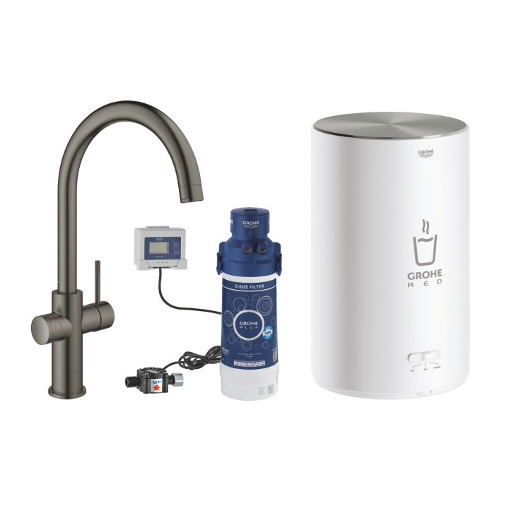 Souprava Grohe Red Duo s baterií kuchenną ve tvaru C a bojlerem w rozmiarze L, obracana výtokové rameno, chrom