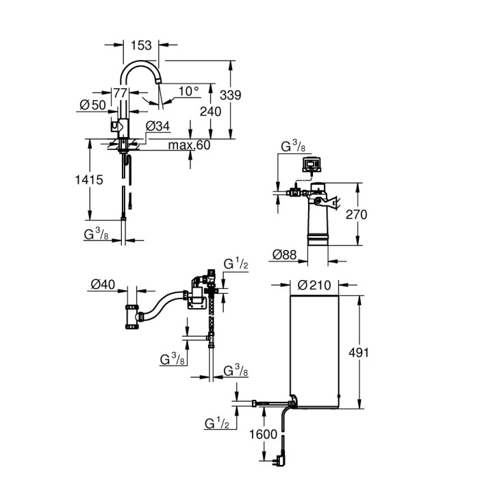 Souprava Grohe Red Duo s baterií kuchenną ve tvaru L a bojlerem w rozmiarze M, obracana výtokové rameno, chrom