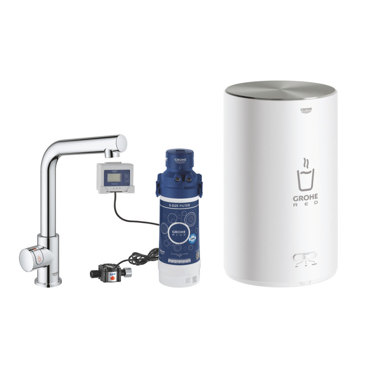 Souprava Grohe Red Duo s baterií kuchenną ve tvaru L a bojlerem w rozmiarze M, obracana výtokové rameno, chrom