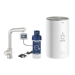 Souprava Grohe Red Duo s baterií kuchenną ve tvaru L a bojlerem w rozmiarze M, obracana výtokové rameno, chrom