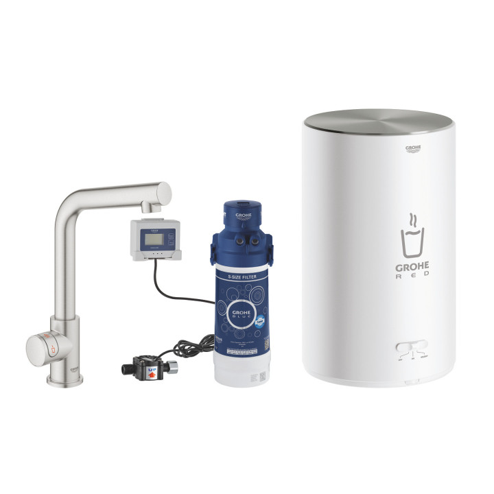 Souprava Grohe Red Duo s baterií kuchenną ve tvaru L a bojlerem w rozmiarze M, obracana výtokové rameno, chrom