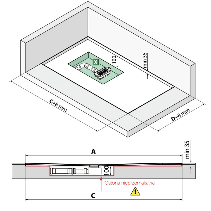 Sprchová vanička pravoúhlý Novellini Custom Touch, 100x80cm, montáž na podlahu, výška 3,5cm, akrylát, bílý matnáný
