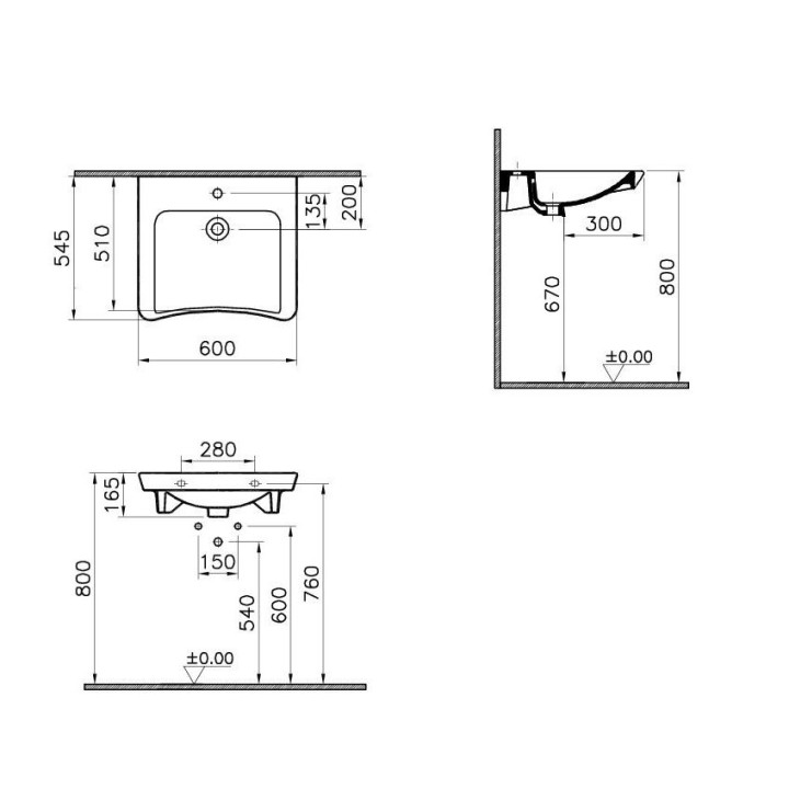 Závěsné umyvadlo pro postižené osoby Vitra S20, 60x54,5cm, z přepadem, otvor na baterii, bílá