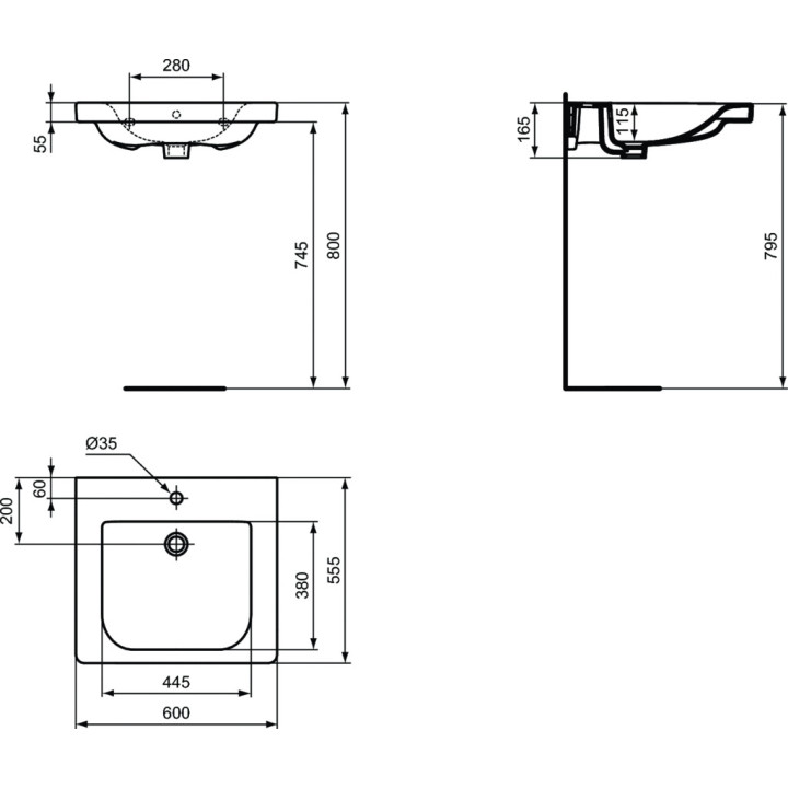 Umyvadlo pro postižené osoby Ideal Standard Connect Freedom, 60x55,5cm, závěsná, z přepadem, otvor na baterii, bílá