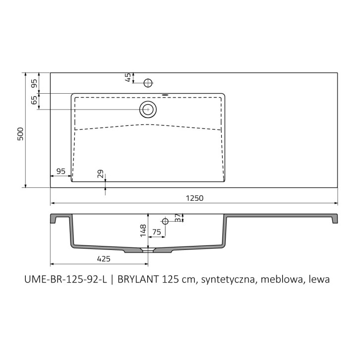 Umyvadlo nábytkové Oristo Brylant, 85x50cm, z přepadem, konglomeratowa, bílá