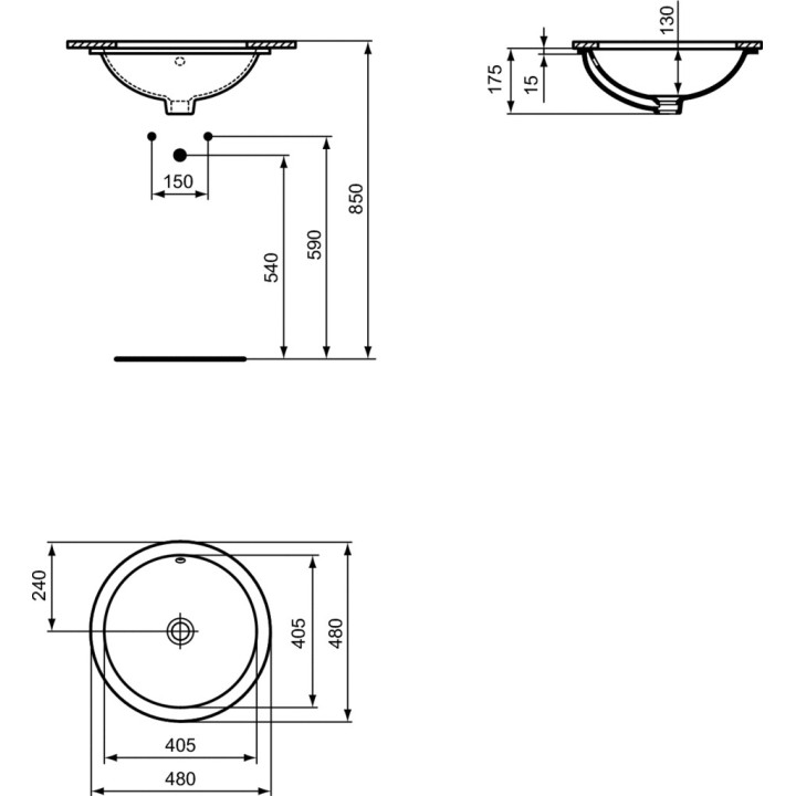 Umyvadlo pod desku Ideal Standard Connect, 48cm, kulatá, z přepadem, bez otvoru pro baterii, bílá