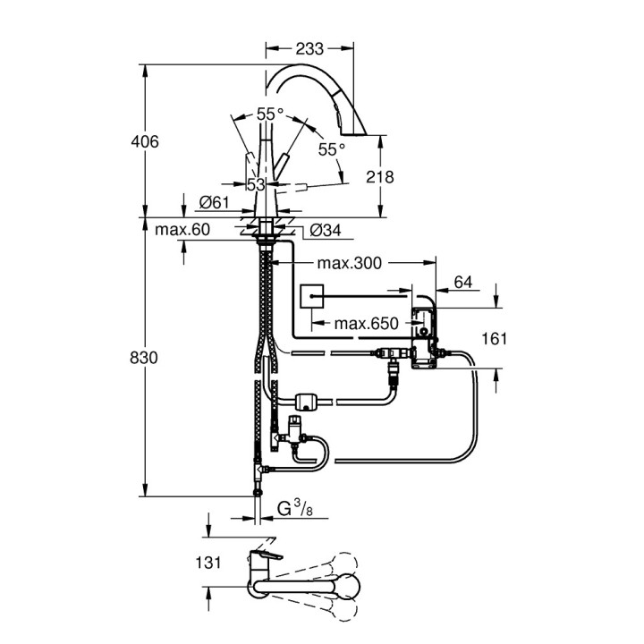 Elektronické dřezová baterie Grohe Zedra Touch, výška 406mm, výsuvná sprcha, nerez