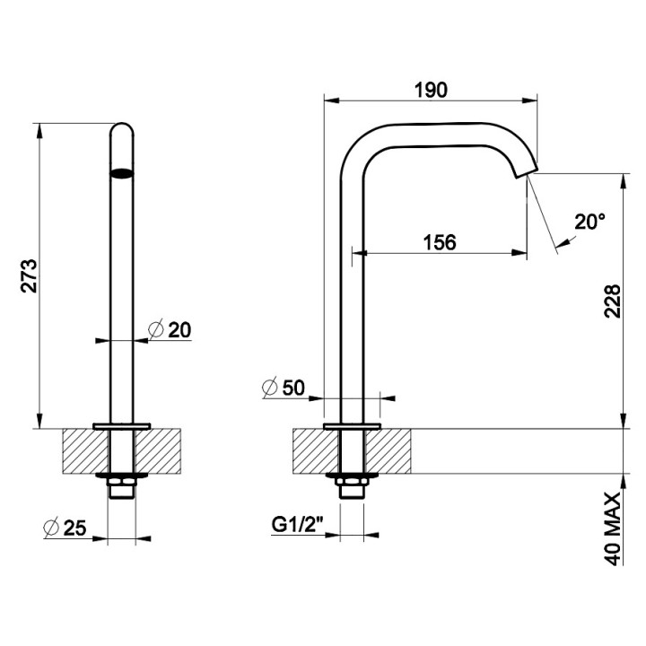 Výtokové rameno umyvadlová Gessi Flessa, stojící, výška 205mm, rozsah 156mm, broušená ocel
