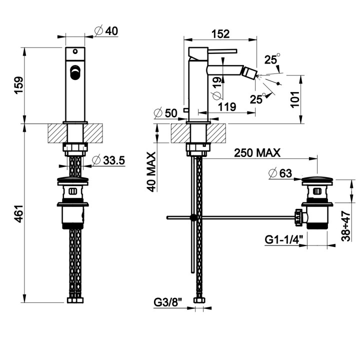 Bidetová baterie Gessi Trame, stojící, výška 159mm, zátka automatický, broušená ocel