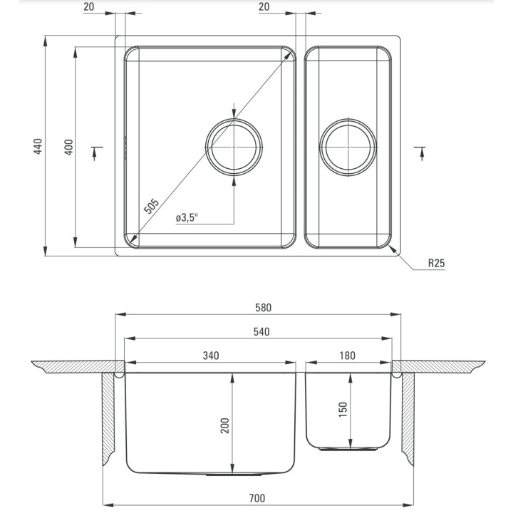 Dřez podblatowy Deante Egeria, 58x44cm, 1,5-komorowy, satén