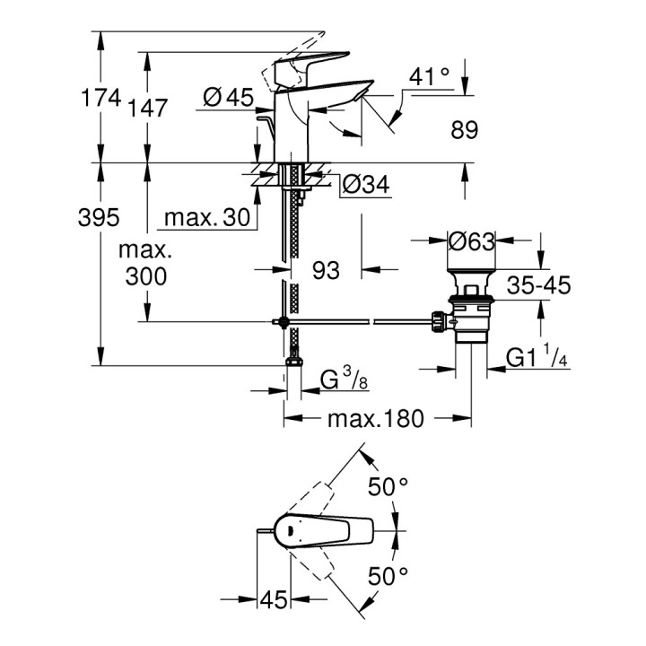 Umyvadlová baterie Grohe BauEdge, stojící, výška 147mm, zátka automatický, chrom