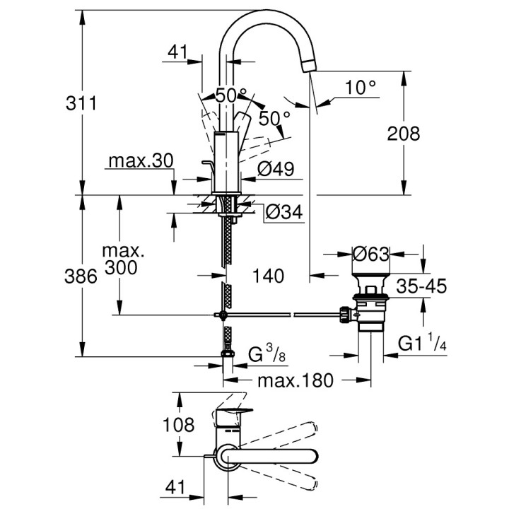 Umyvadlová baterie Grohe BauEdge, stojící, výška 164mm, DN 15, velikost M, zátka automatický, chrom