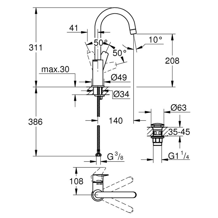 Umyvadlová baterie Grohe BauEdge, stojící, výška 311mm, DN 15, velikost L, zátka push-open, chrom