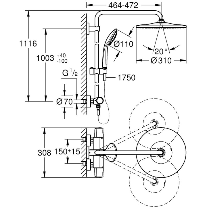 Sprchový systém Grohe Euphoria System 310, na stěnu, baterie termostatická, 2 výstupy vody, chrom