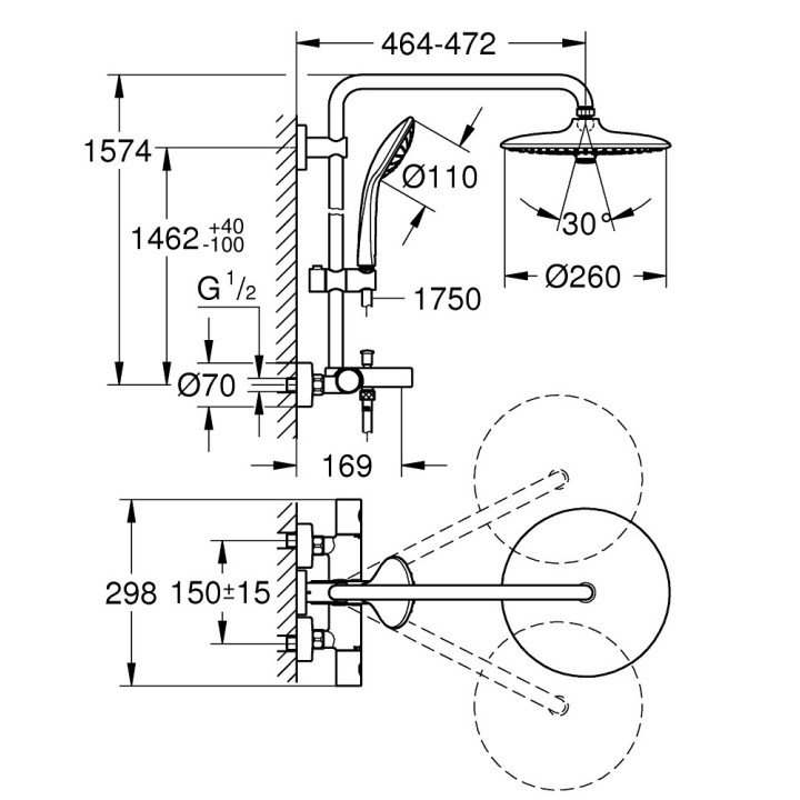 Sprchový systém Grohe Euphoria System 260, na stěnu, baterie termostatická, 2 výstupy vody, chrom