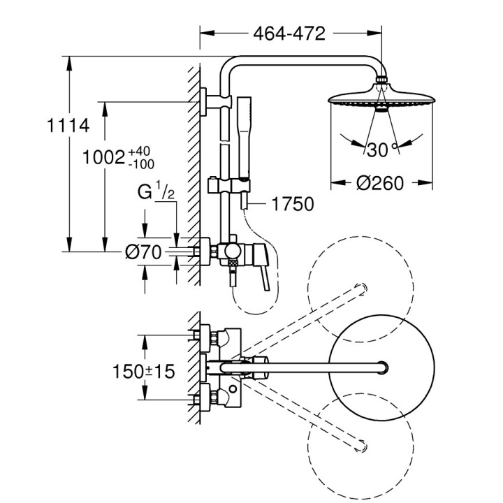 Sprchový systém Grohe Euphoria System 260, na stěnu, baterie páková, 2 výstupy vody, chrom