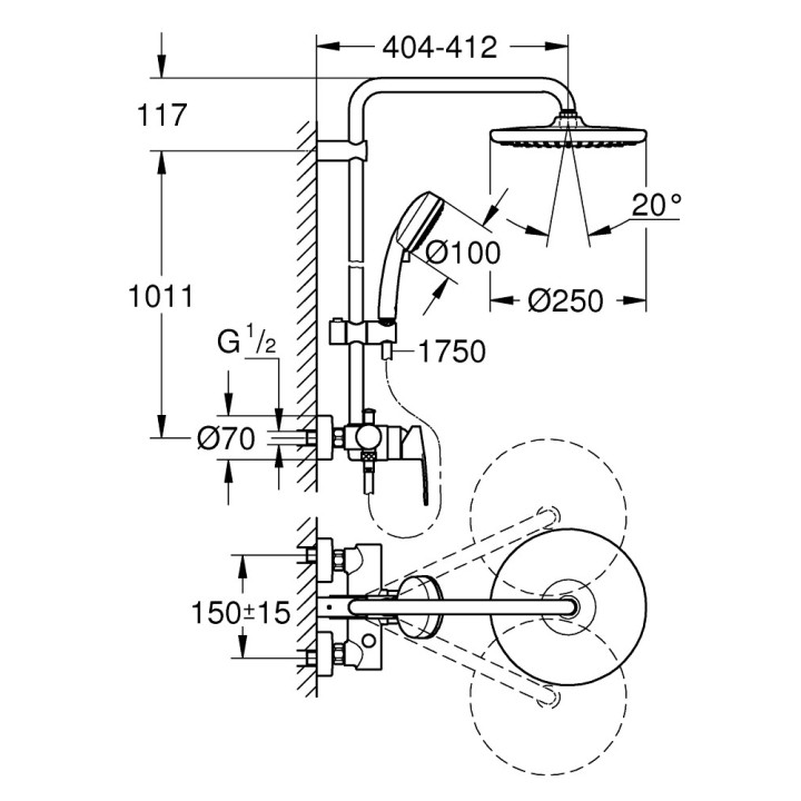 Sprchový systém Grohe Euphoria System 260, na stěnu, baterie páková, 2 výstupy vody, chrom